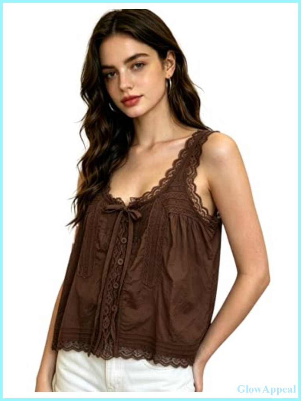 Women's 100% Cotton Lace Trim Tie Front Button Down Crop Tank Top